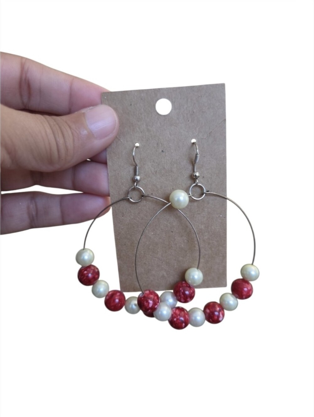 Vintage Silver Toned Handmade Red and Cream Beaded Hoop Earrings 3"